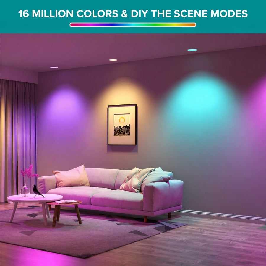 Smart recessed LED lights displaying multiple color options and ambient scene modes in a living room.