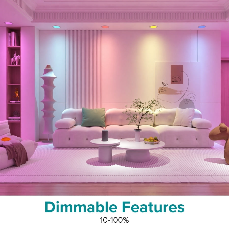 Dimmable smart RGBW recessed LED lights with adjustable brightness levels from 10 to 100 percent.
