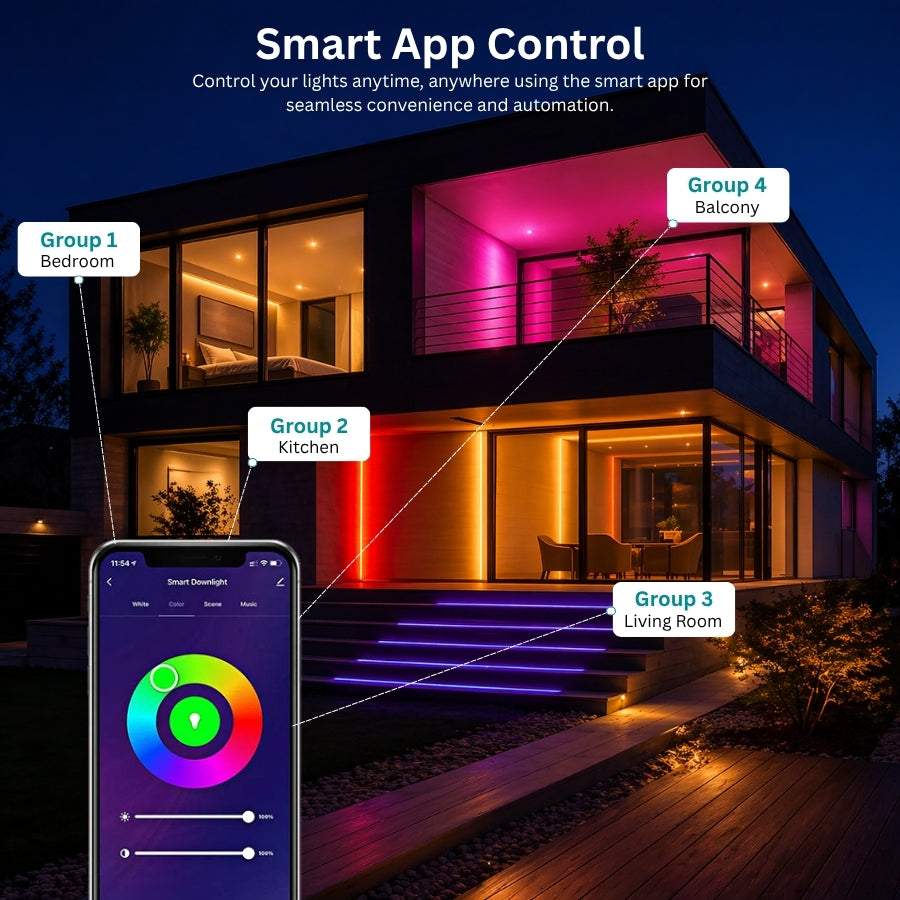 Smart RGB ceiling lights grouped and controlled via mobile app across different rooms with custom lighting zones.