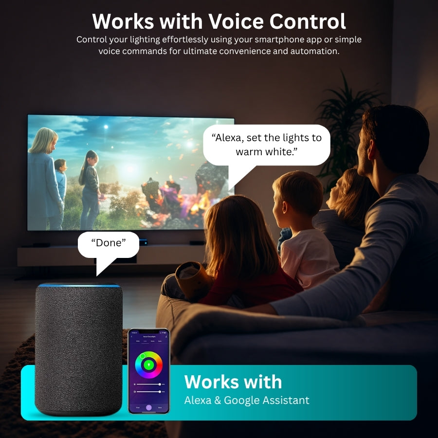 Smart RGBW downlights compatible with Alexa and Google Assistant for hands-free voice-controlled lighting.