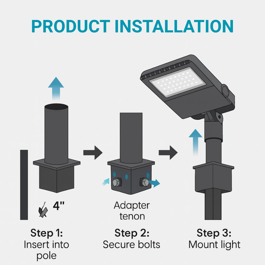 4" Square Pole Mount Adapter with 2-3/8" Tenon, Steel Light Mounting Bracket for Area, Flood & Shoebox Lights, Weather-Resistant Dark Bronze Finish