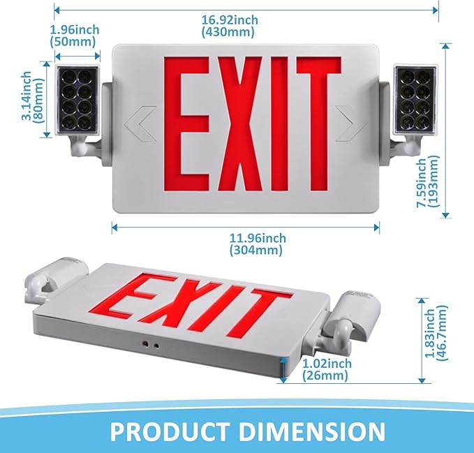 Double Sided LED Emergency EXIT Sign Combo, Two LED Lights, Backup Battery, US Standard Red Letter Emergency Exit Lighting, Commercial Grade, 120-277V, Fire Resistant (UL 94V-0)