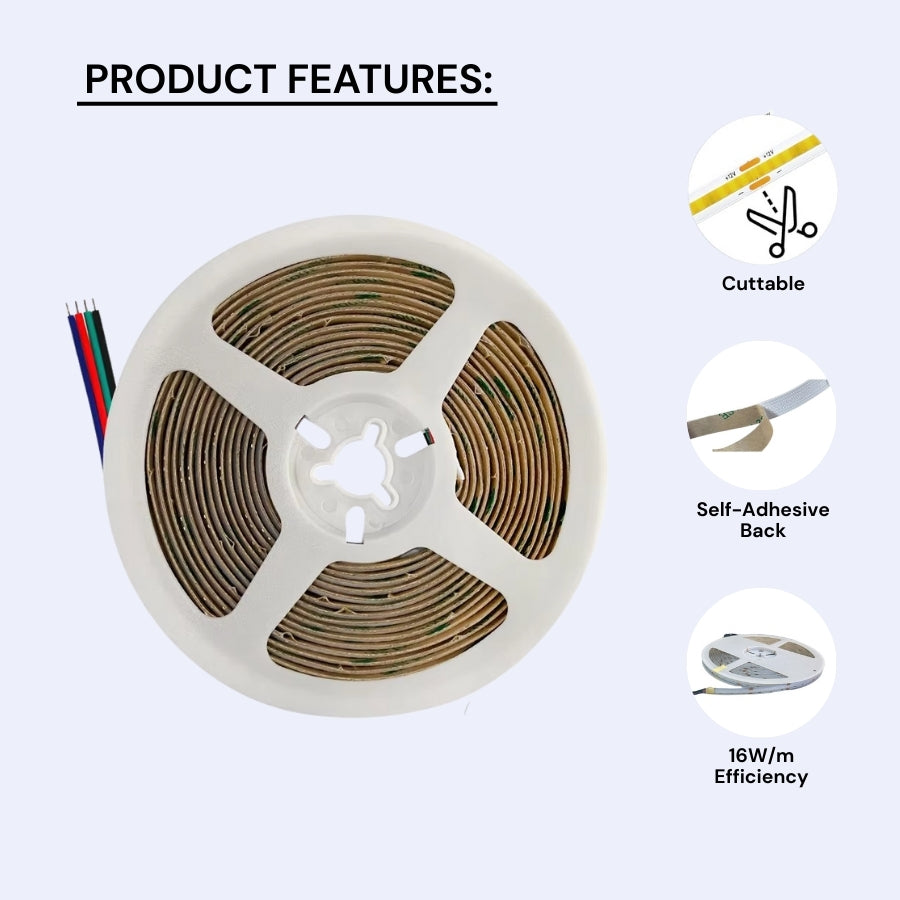 32FT (10M) COB RGB LED Strip Light – 24V – 840 LEDs/m – Indoor Use – Color Changing