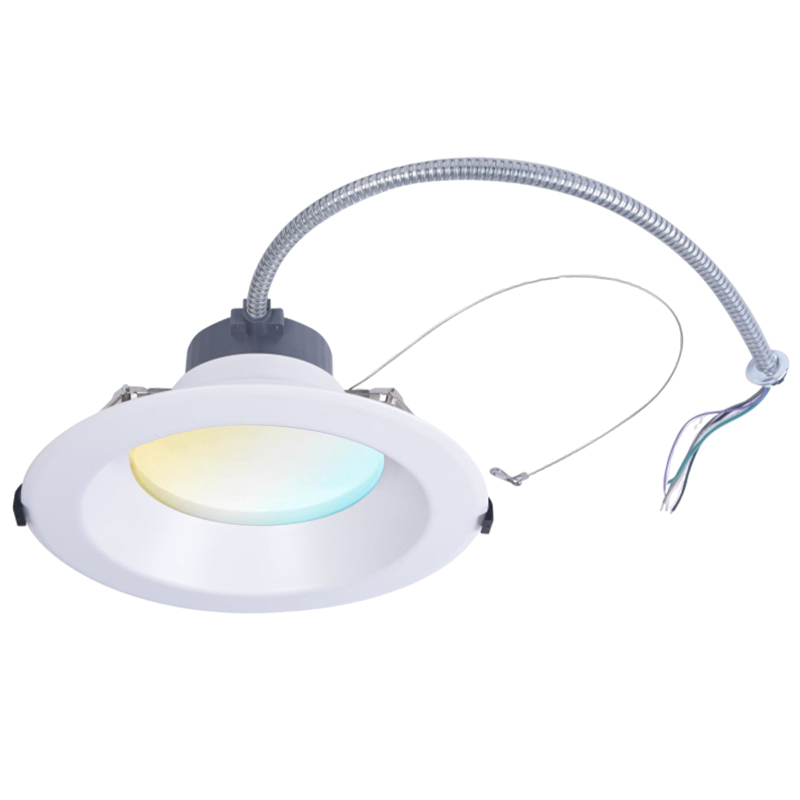 A 6 inch commercial canless LED downlight with adjustable color temperature and wattage, recessed ceiling light fixture, with a white aluminum housing and a visible LED light source.