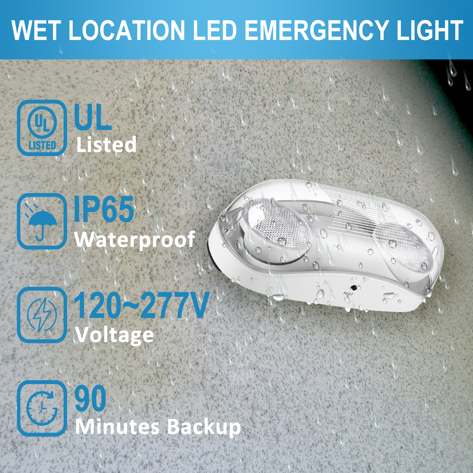 Outdoor Rated High Output White LED Emergency Light (Bug Eyes) with Battery Backup, Wet Location Listed, 90-Minute Minimum Capacity, 120V-277V