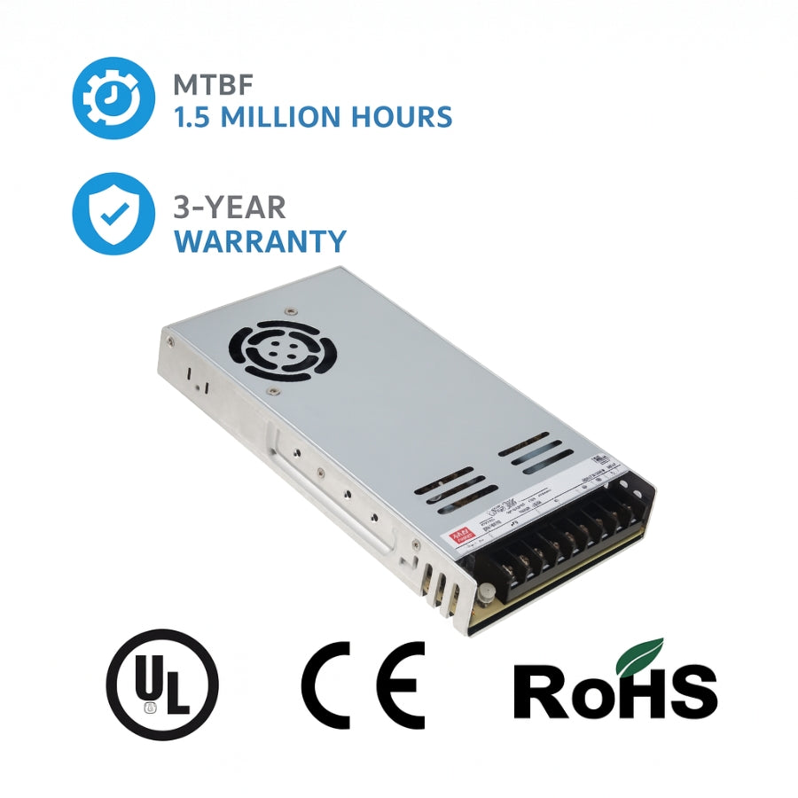 LRS-600 600W24V Single Output Switching Power Supply – 110-277V  Input, UL/CE/RoHS Certified, 86–92% Efficiency, Multi-Voltage Output, Compact 41mm Low-Profile, Industrial Grade, 3-Year Warranty