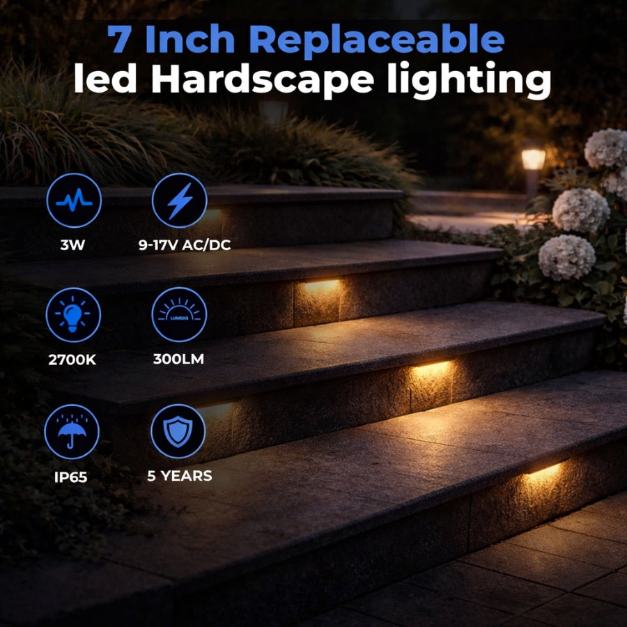 7 Inch Replaceable LED Hardscape lighting on outdoor steps with specifications displayed.