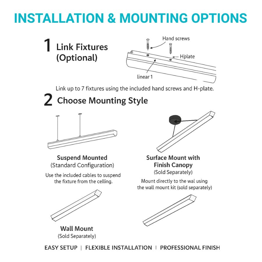 8FT Suspended Linear LED Light Fixture - 9600 Lumens, 80W, CCT Selectable, 120-277V, Dimmable, White Body