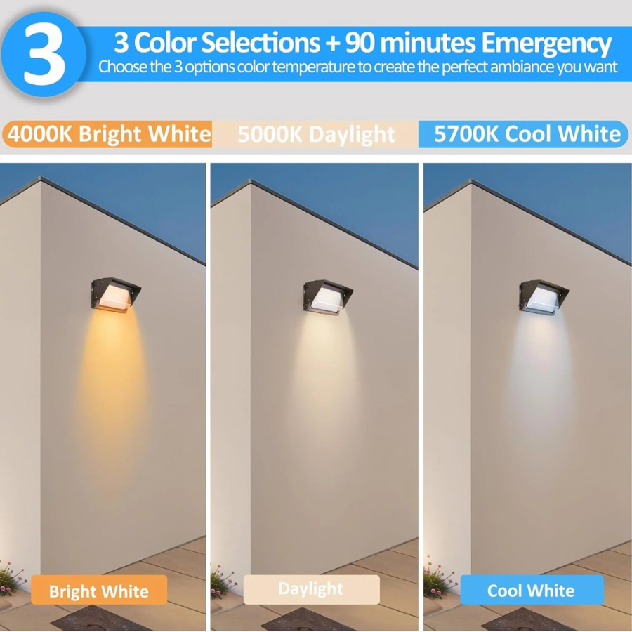80W LED Emergency Wall Pack with three color temperature options displayed on a wall.
