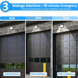 Comparison of 80W LED Emergency Wall Pack output from different wattage selections on a garage door.