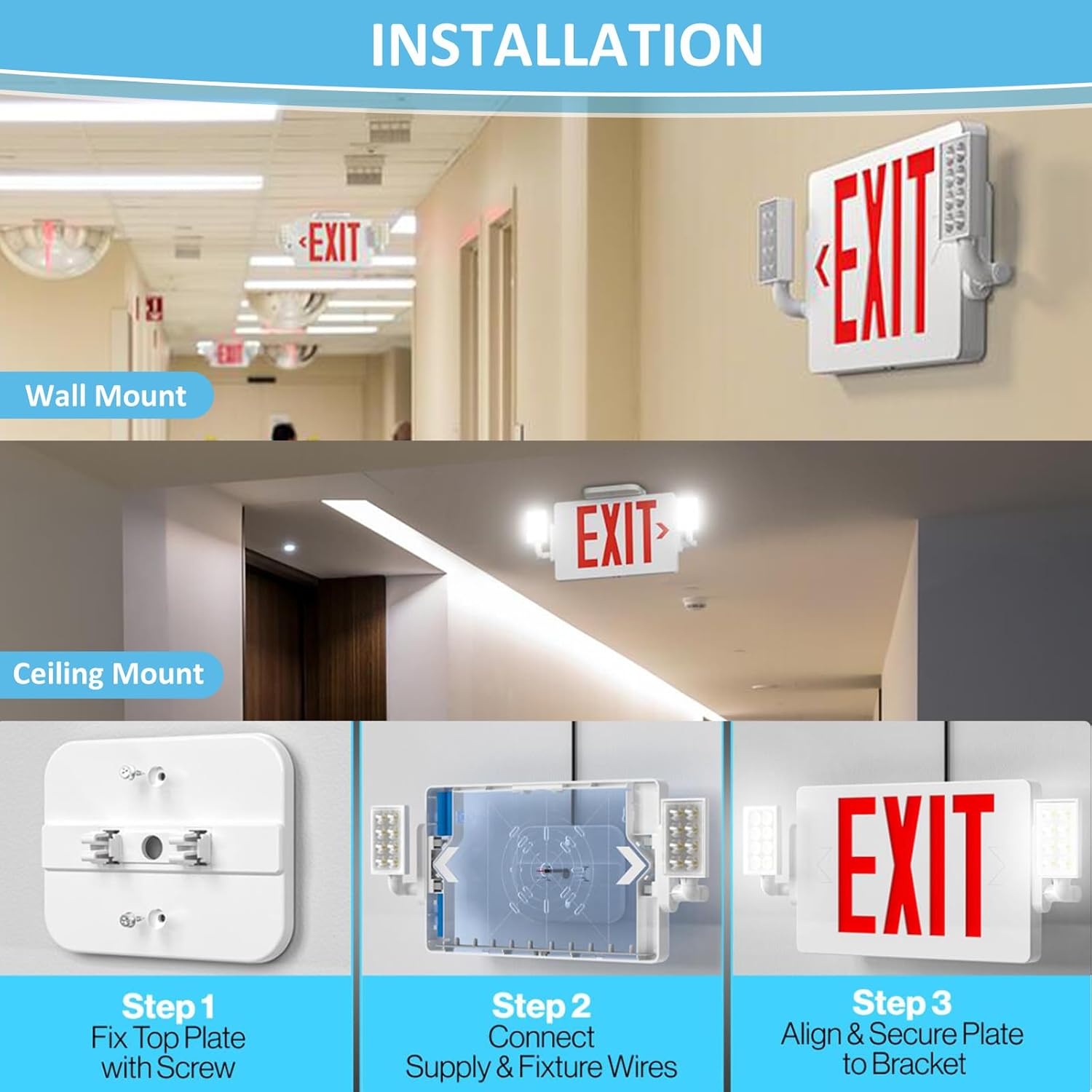 Double Sided LED Emergency EXIT Sign Combo, Two LED Lights, Backup Battery, US Standard Red Letter Emergency Exit Lighting, Commercial Grade, 120-277V, Fire Resistant (UL 94V-0)