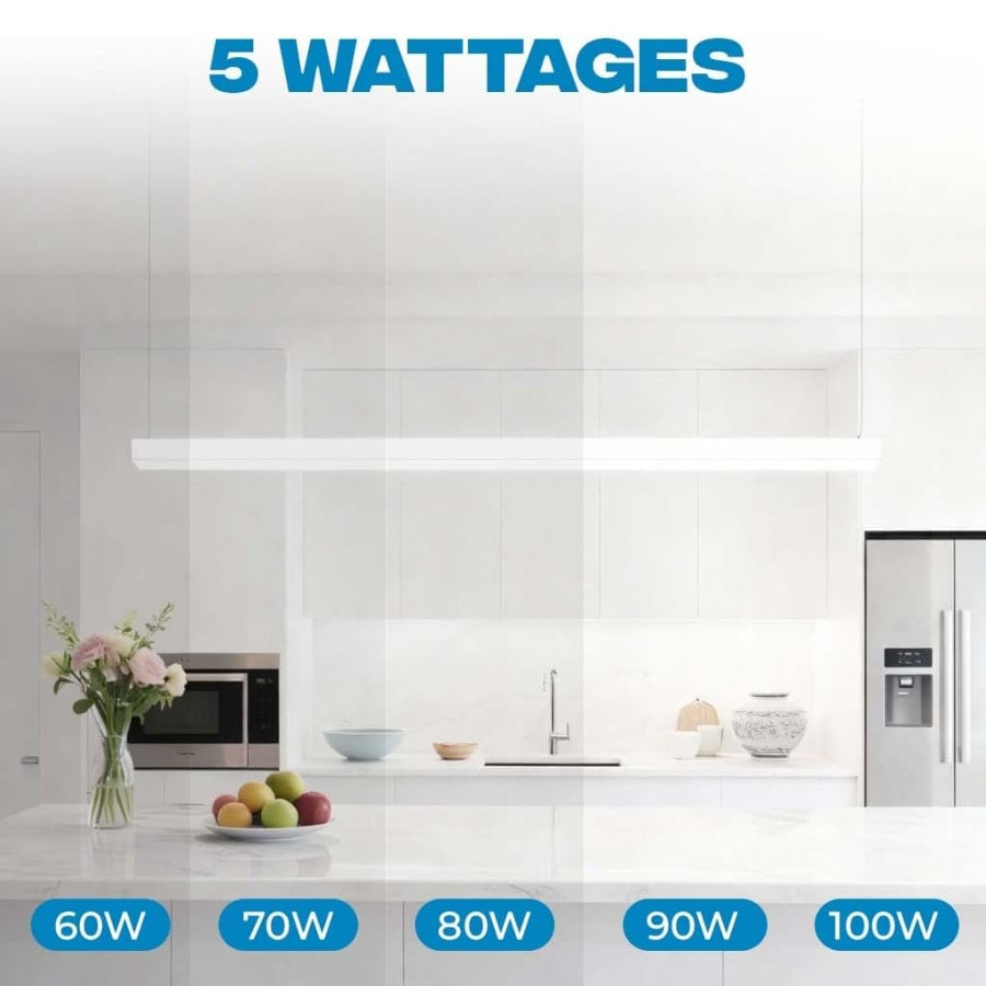 Modern kitchen with appliances labeled by wattage, featuring '5 Wattages' at the top.