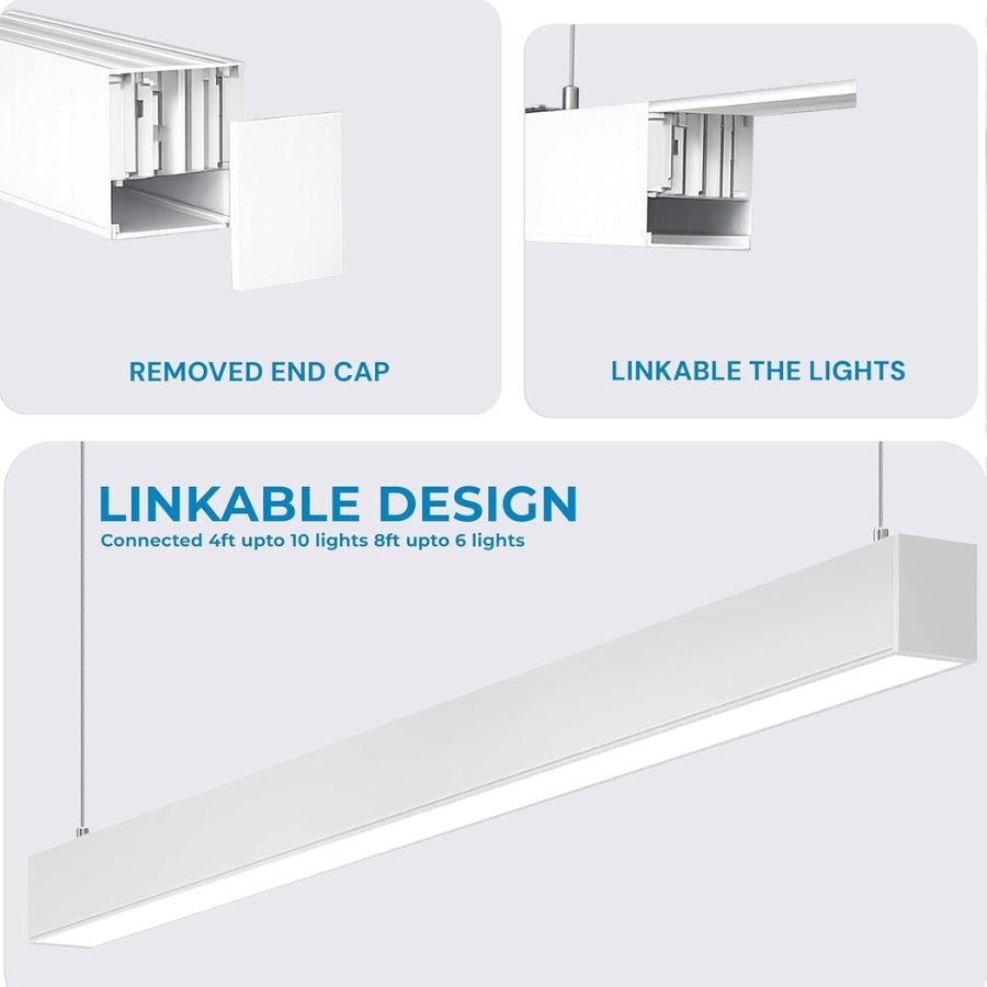 Linkable ceiling light fixture with text indicating removed end cap and linkable design.