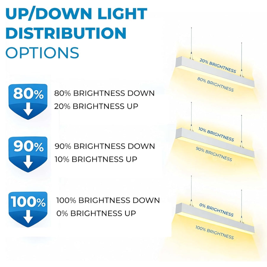 Diagram showing up/down light distribution options with brightness percentages.