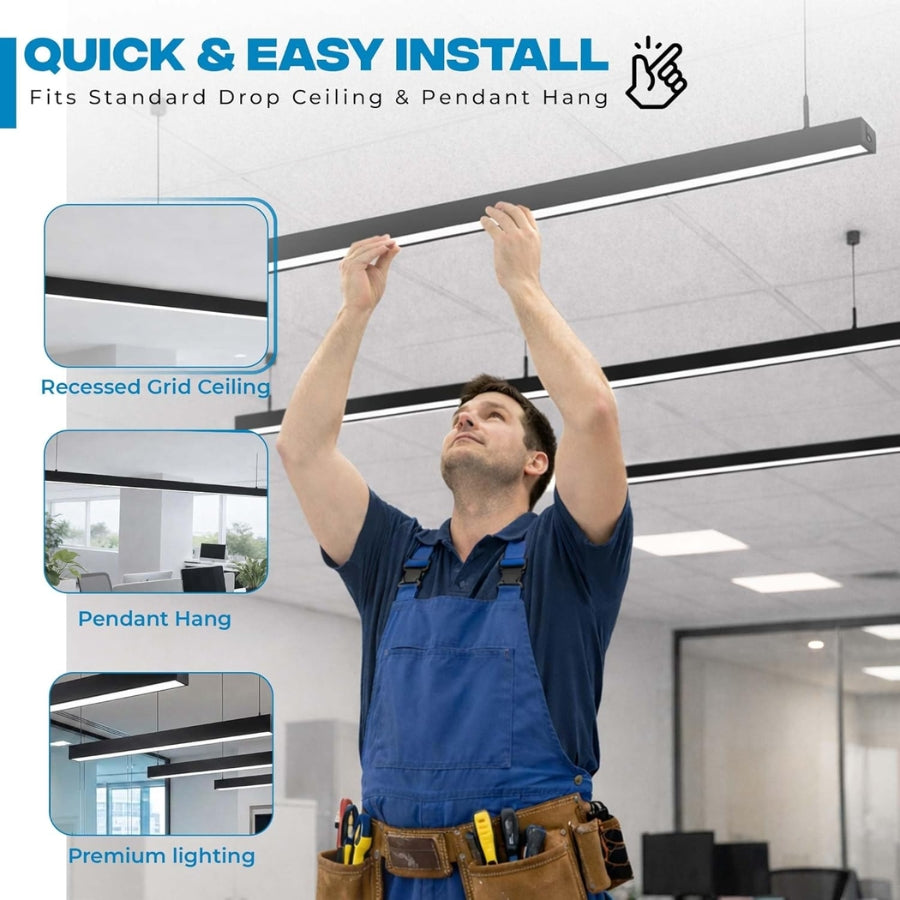 Person installing a ceiling light fixture with text indicating quick and easy installation.