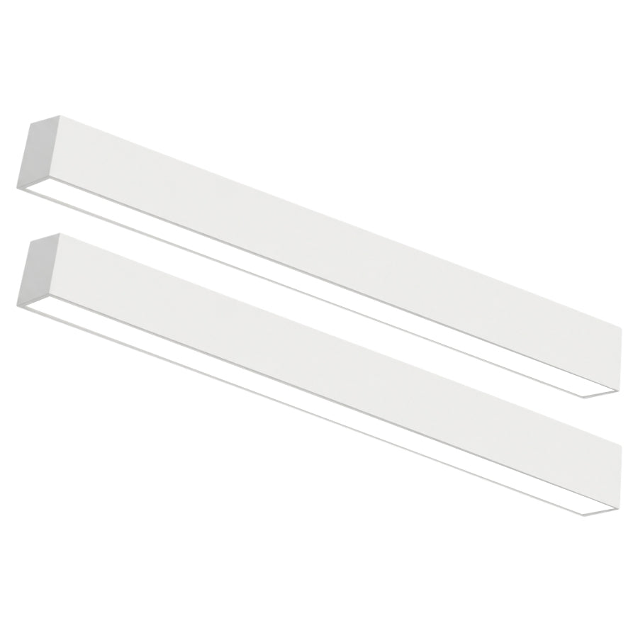 Two slim white 8ft LED linear fixtures with modern rectangular design for ceiling mounting.