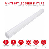 White 8ft LED strip fixture with specifications on a white background