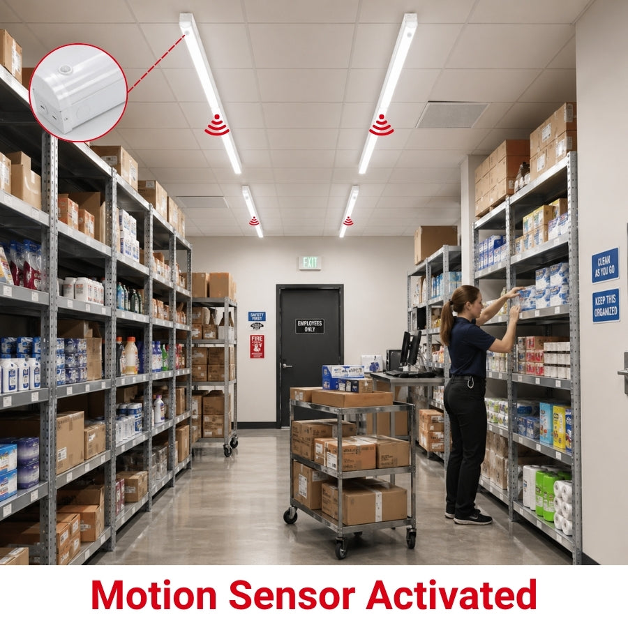 Person working in a warehouse with motion sensor activated lights highlighted.
