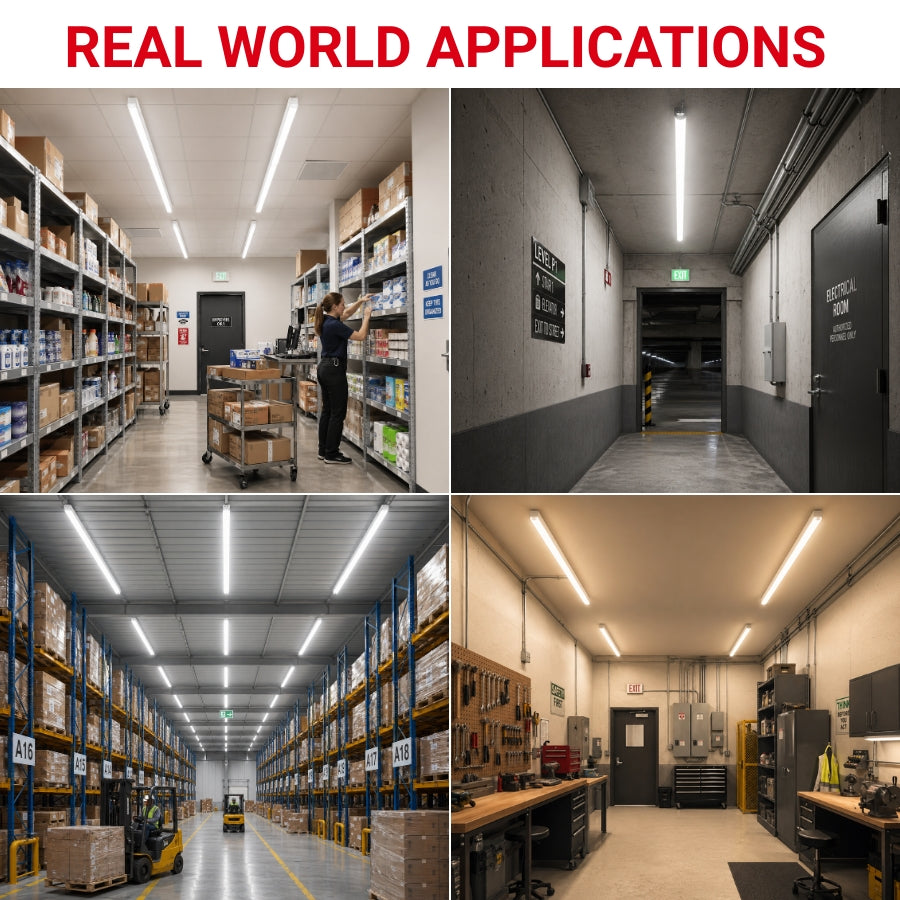 Collage of warehouse and office interior scenes with text 'Real World Applications'.