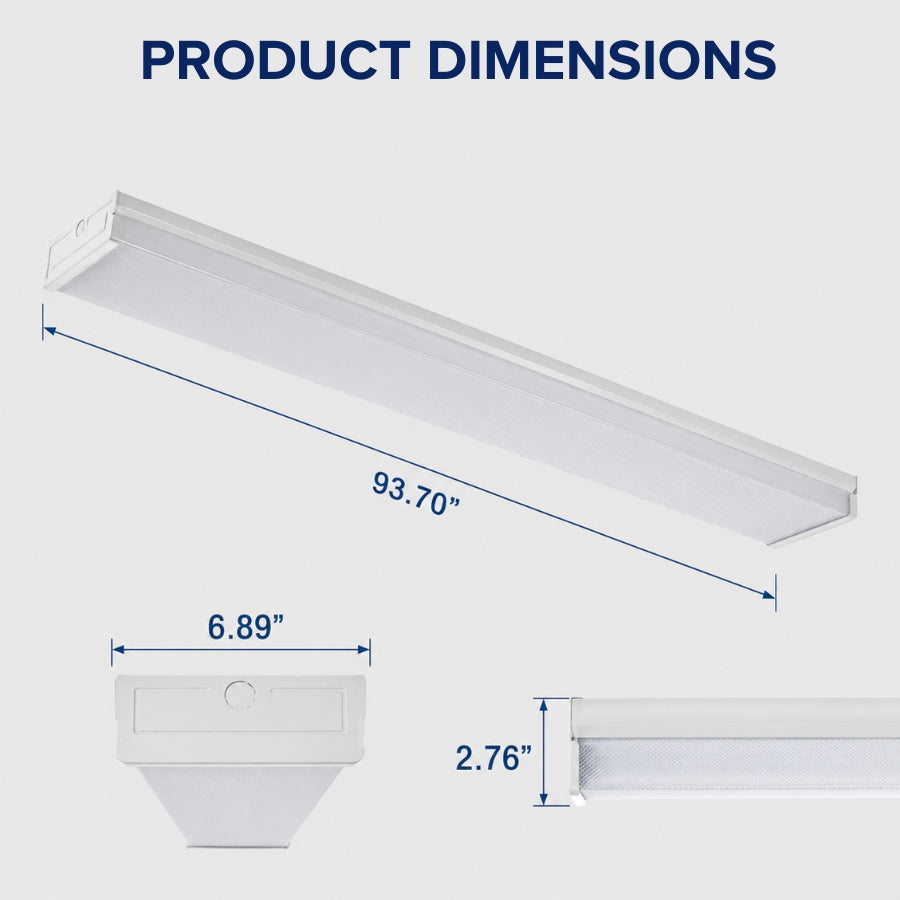 Measurement chart for a 8ft led wraparound light​ with dimensions labeled.