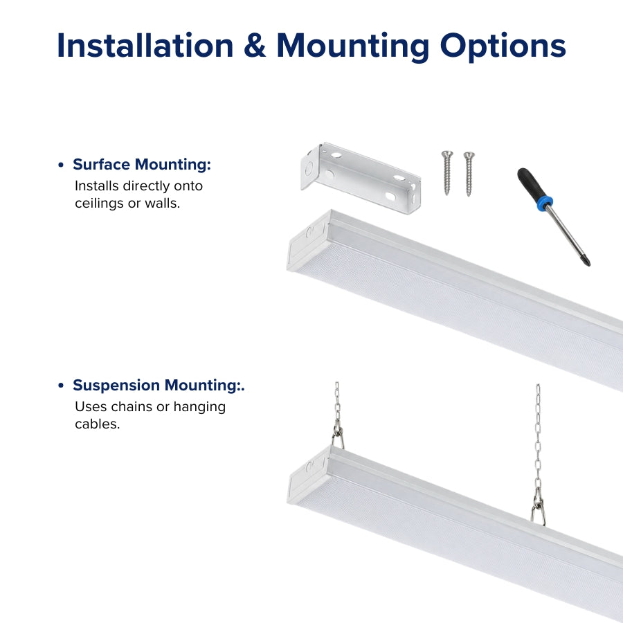 Installation options for LED linear lights with surface and suspension mounting.
