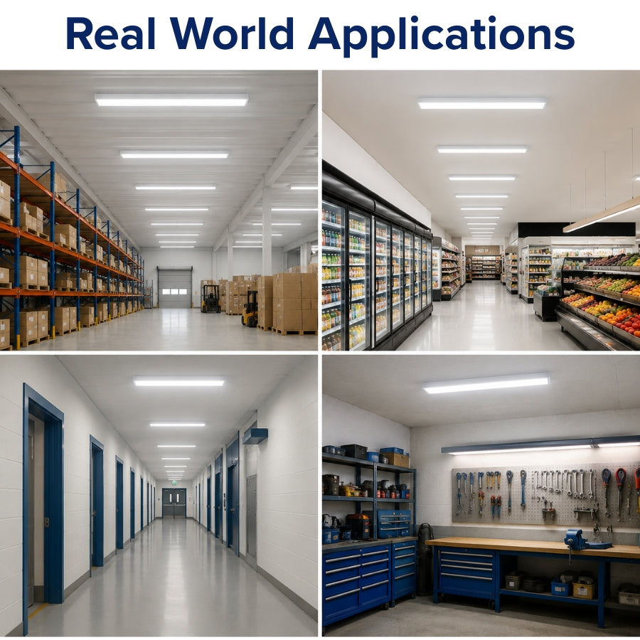 Collage of warehouse, grocery store, hallway, and workshop environments with industrial lighting.