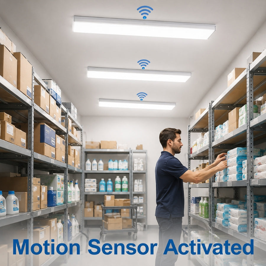 Man in a warehouse with motion sensor activated lights and shelves stocked with products.