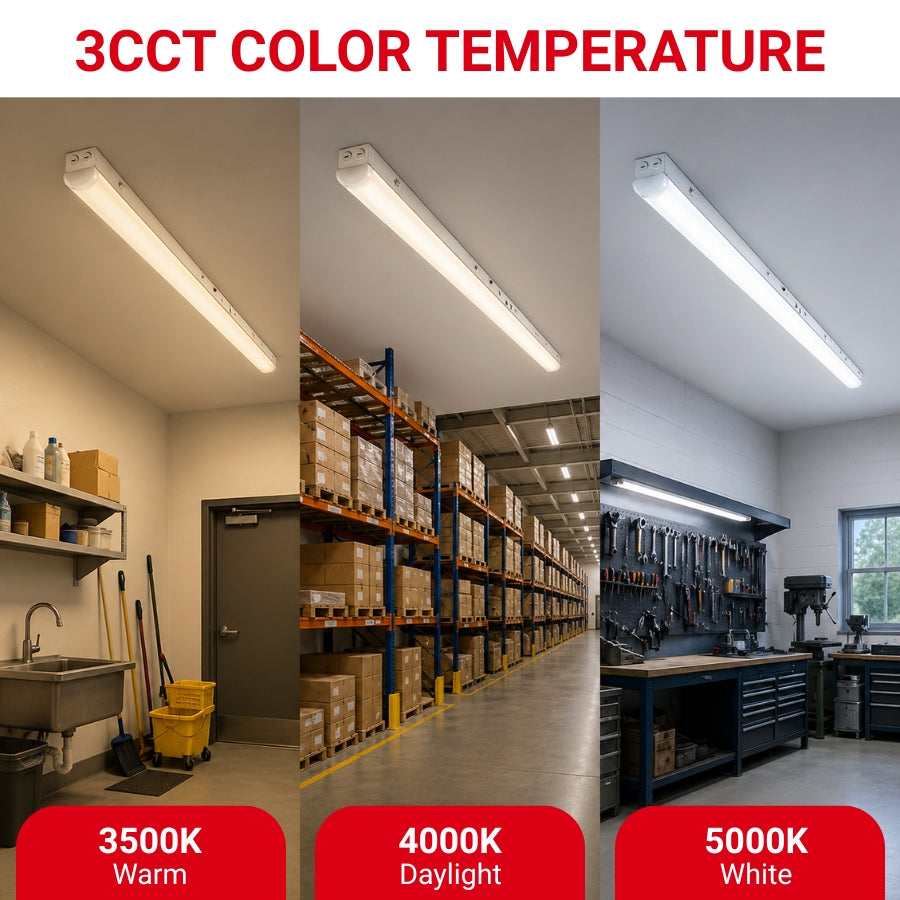 Three different lighting conditions labeled 3500K, 4000K, and 5000K in a warehouse setting.