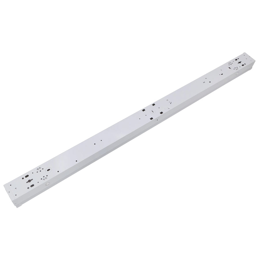 Long white rectangular power strip on a white background