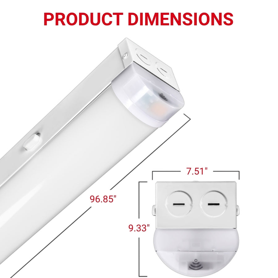 8ft linear led strip light​ with dimensions labeled on a white background