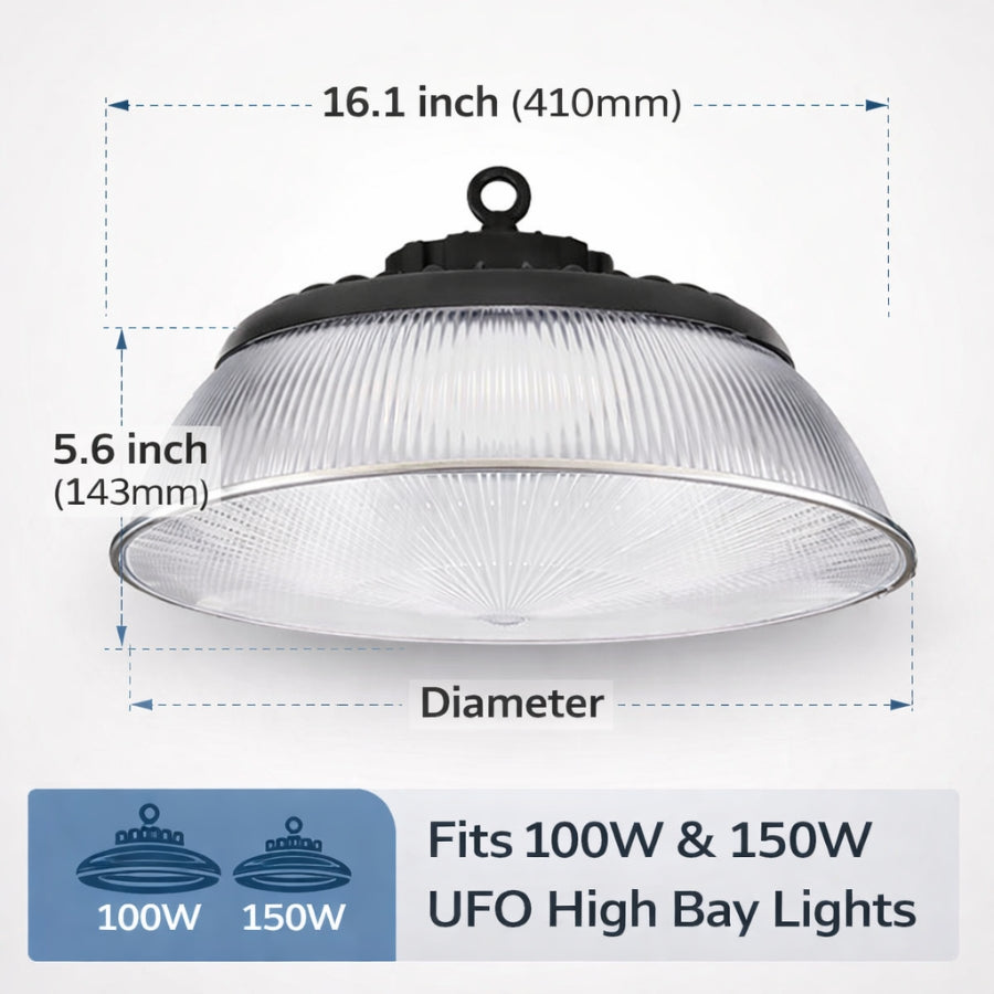 90° Acrylic Reflector for High bay light with dimensions and compatibility information on a white background