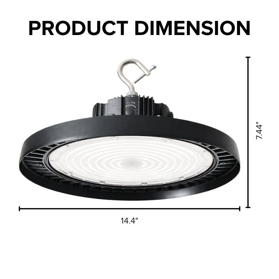 High-bay light fixture with dimensions labeled on a white background, LED factory lighting at switchtoled.com