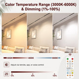 Magnetic grille LED track light demonstrating adjustable 3000K warm white, 4000K neutral white, and 6000K cool white illumination with smooth 1%–100% dimming via app, remote, or voice control.