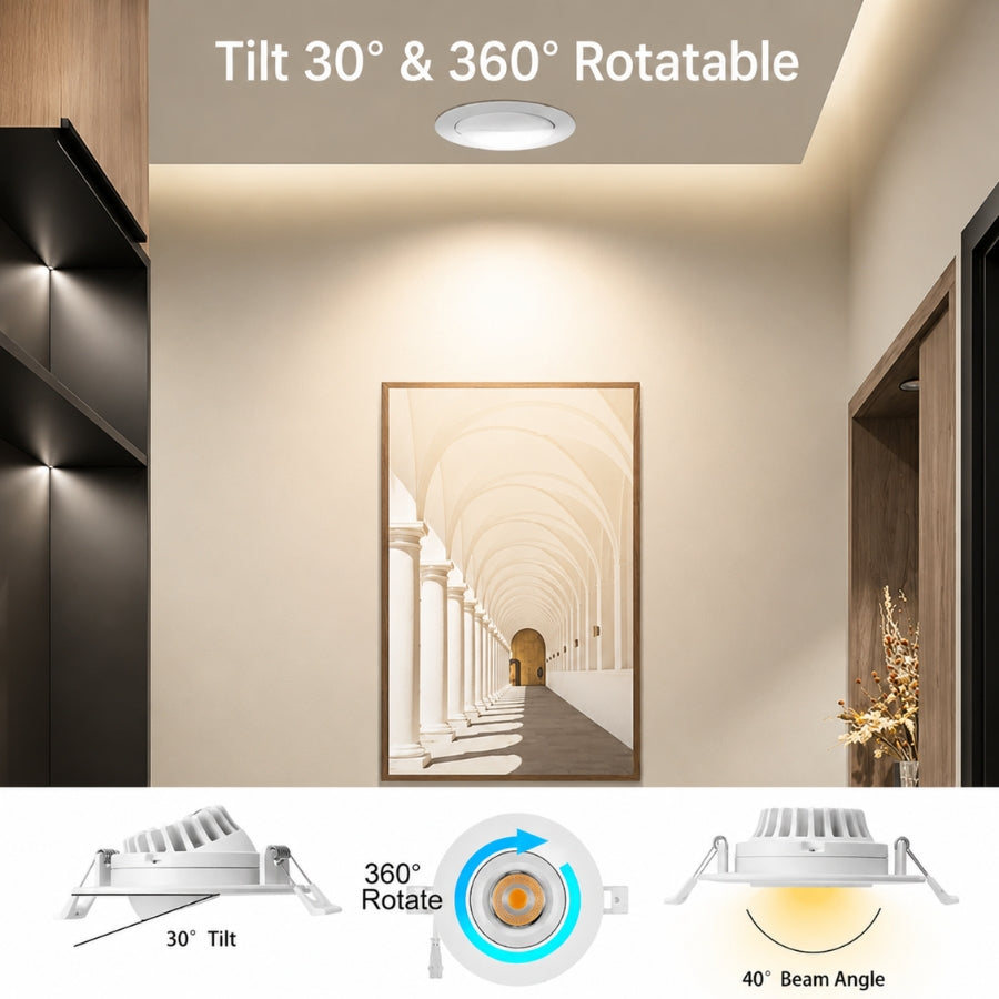 3-inch gimbal LED recessed light with 30-degree tilt, 360-degree rotation, and focused beam angle for accent lighting.