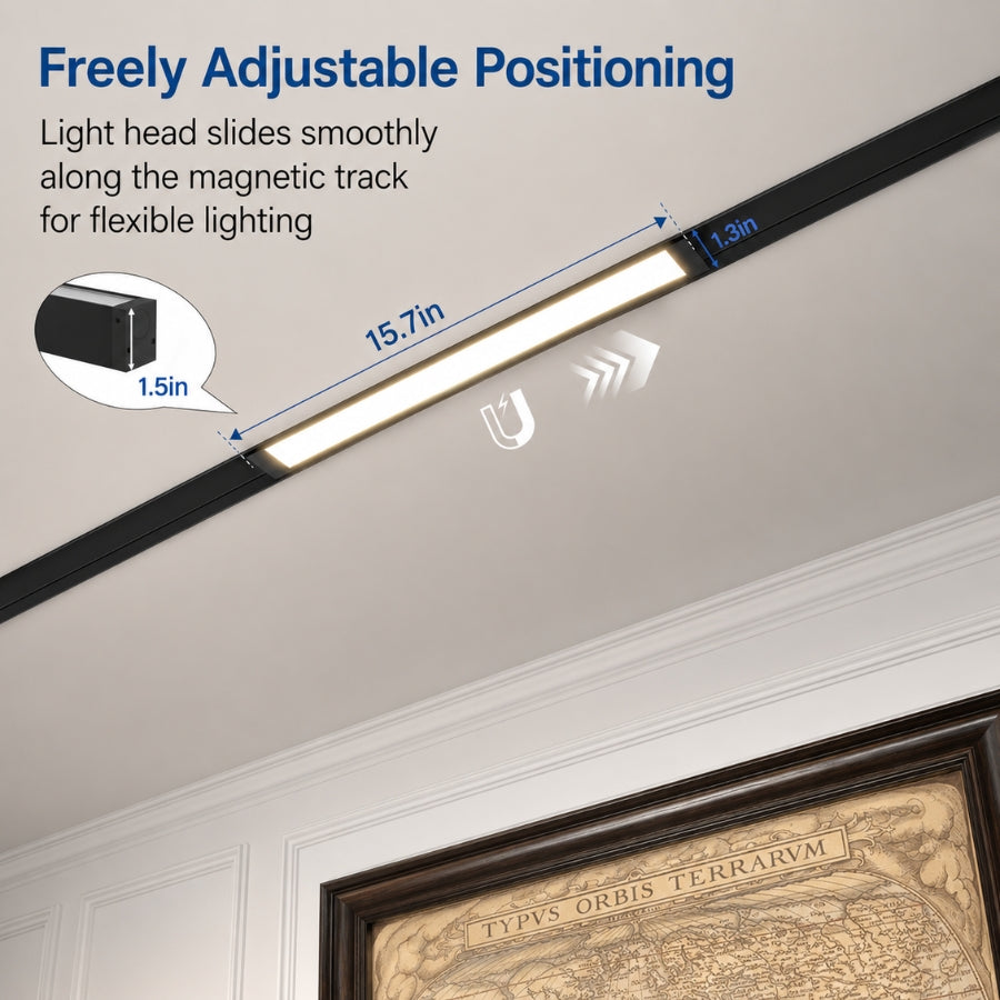 Magnetic linear floodlight track head sliding freely along a recessed magnetic track, allowing flexible positioning for accent and general lighting applications.
