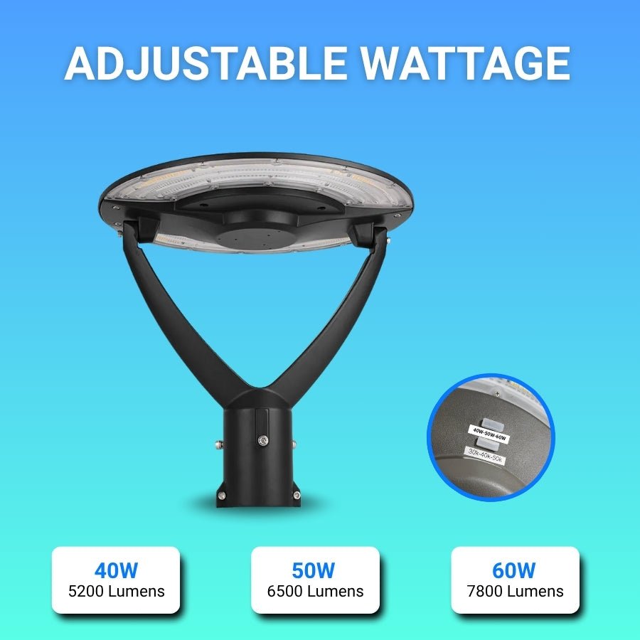 Adjustable wattage street light with wattage options on a blue background