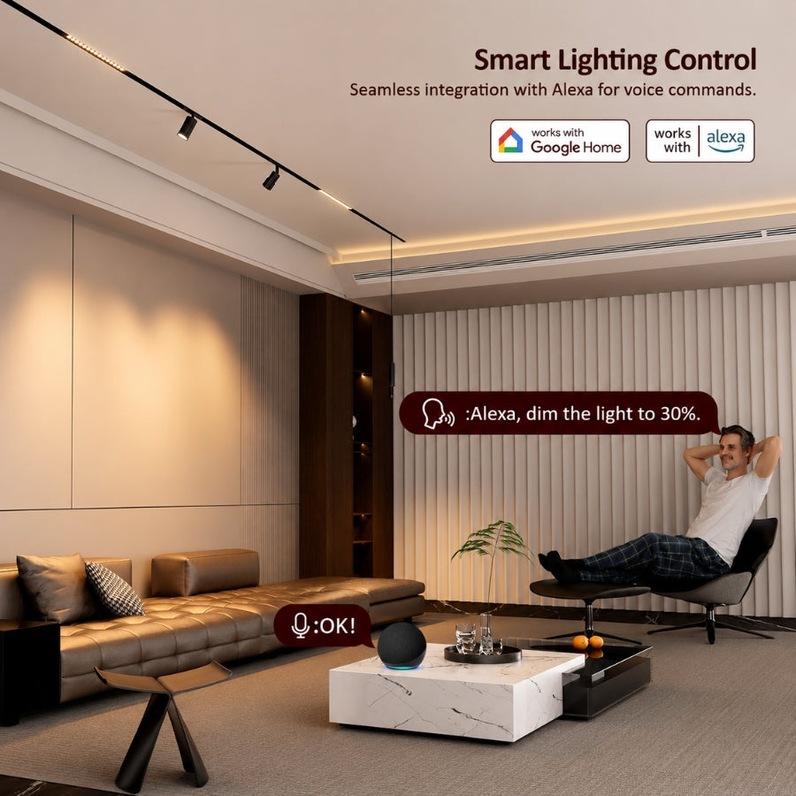 Smart magnetic grille track lighting compatible with Alexa and Google Home, enabling wireless app, remote, and voice control for convenient dimming and color temperature adjustment.