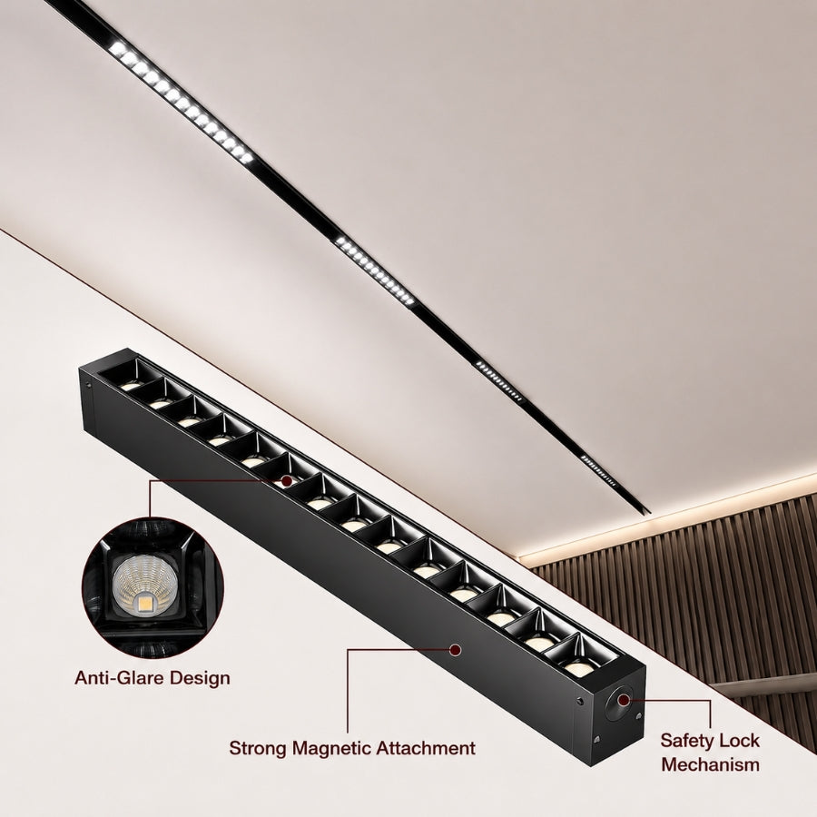 Black magnetic grille LED track light highlighting anti-glare optics, strong magnetic attachment, safety lock mechanism, and precision beam control for comfortable architectural illumination.
