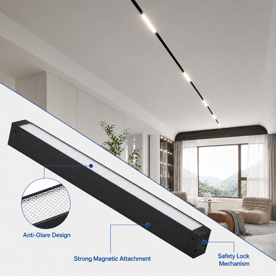 Close-up of a magnetic linear LED floodlight featuring an anti-glare diffuser, strong magnetic attachment, and safety lock mechanism for recessed 24V magnetic track lighting systems.