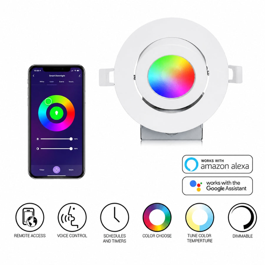 4-inch smart LED gimbal recessed light with mobile app control, color changing, dimming, scheduling, and voice control features.