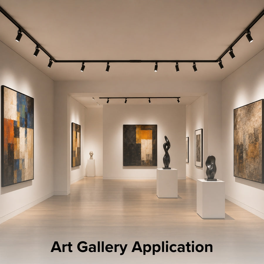 Contemporary art gallery featuring black track lighting connected with an inline center power feed connector, delivering focused illumination for paintings, sculptures, and exhibition spaces.