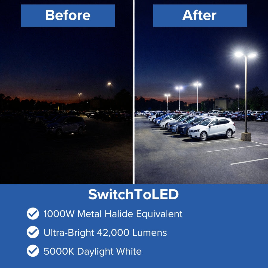 Before and After Effect for 300W LED shoebox parking lot light fixture with adjustable slip fitter mount at switchtoled.com