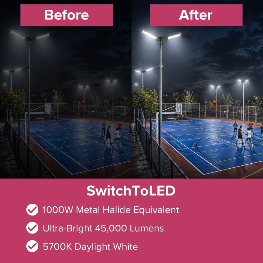 Side-by-side comparison showing dramatic improvement in brightness and coverage when upgrading to 45,000-lumen LED lighting.