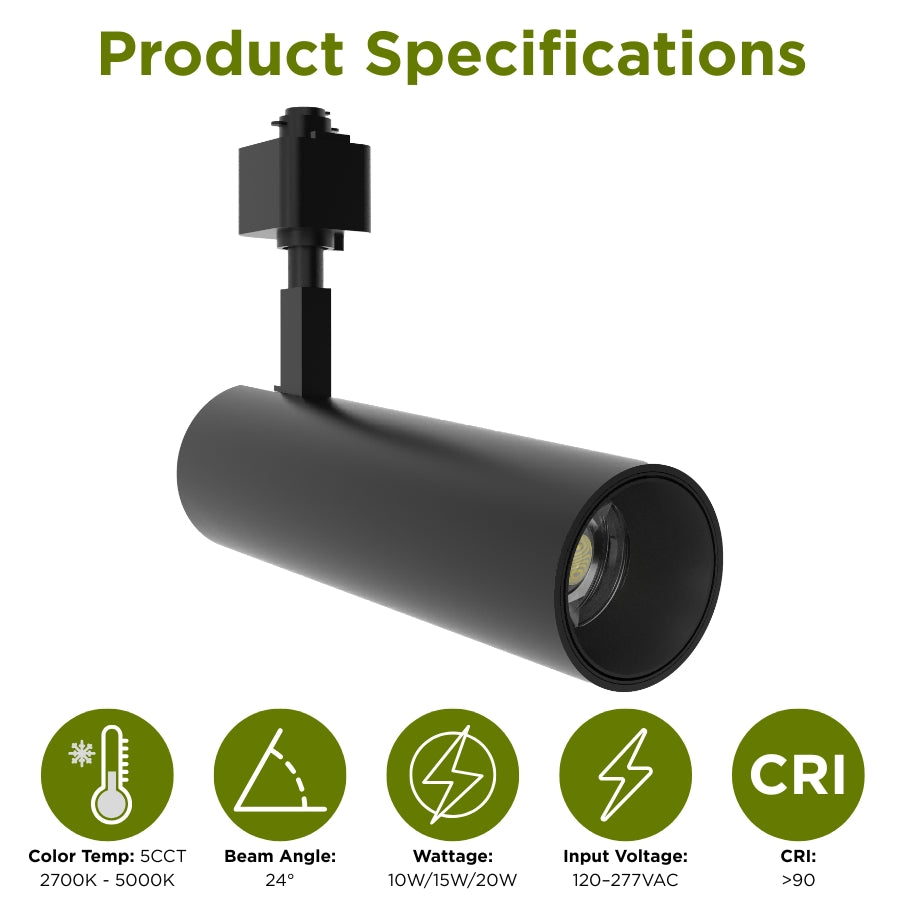 Black LED track light with an easy slide switch to select 2700K, 3000K, 3500K, 4000K, or 5000K color temperatures.