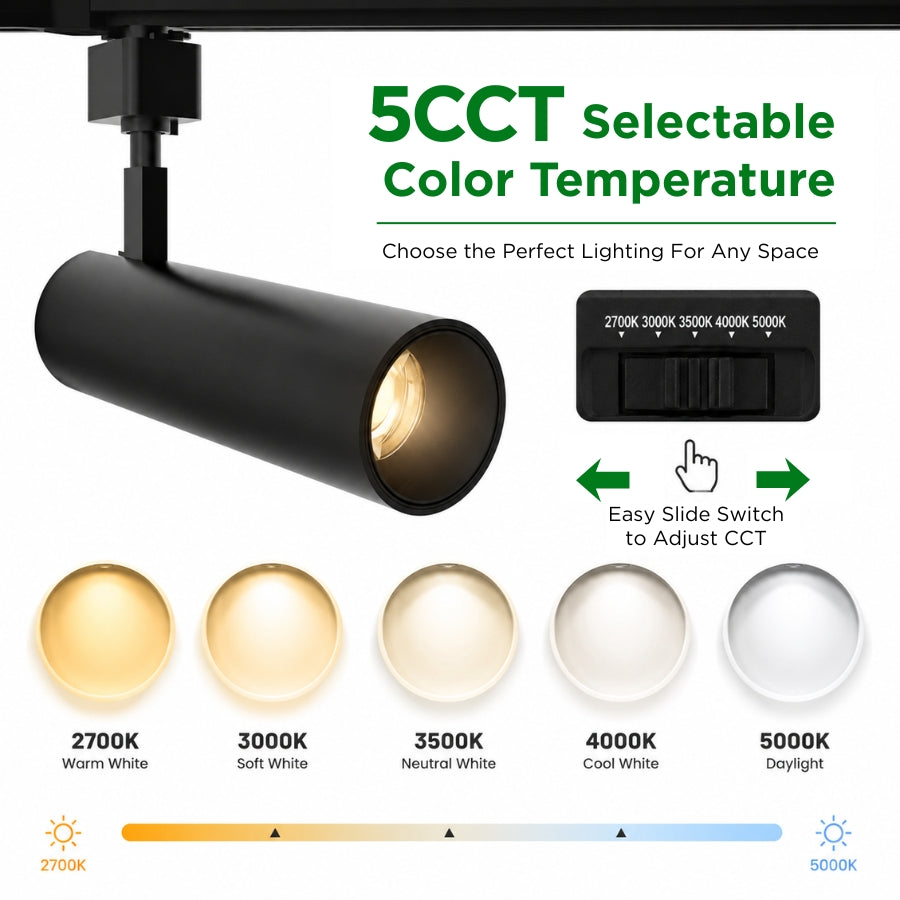 Black LED track light with slide switch for selecting 2700K, 3000K, 3500K, 4000K, or 5000K color temperatures.
