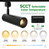 Black LED track light with slide switch for selecting 2700K, 3000K, 3500K, 4000K, or 5000K color temperatures.
