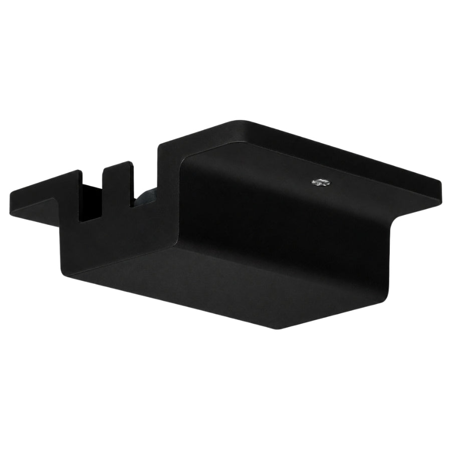 Front view of a black floating canopy power feed for single circuit H-style track lighting, designed to connect a ceiling junction box to the track while maintaining a clean, modern ceiling appearance.
