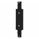 Front view of a black inline power feed connector for single circuit track lighting, designed to provide a secure center power connection for straight track installations with a clean, modern finish.