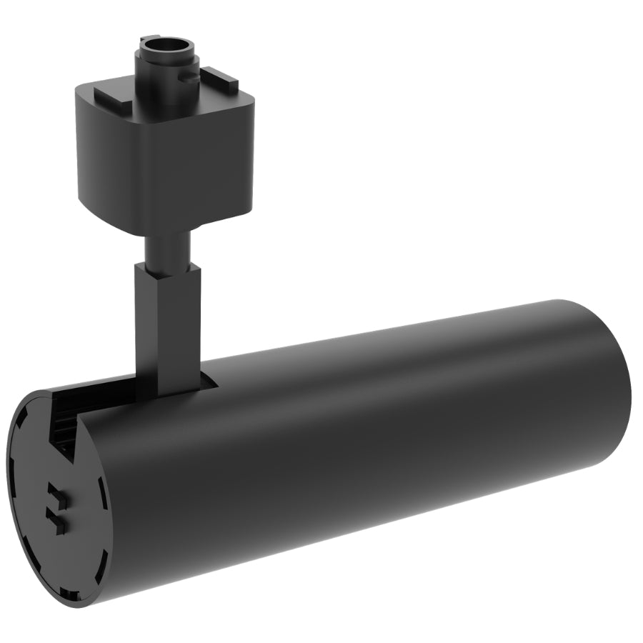 Rear angled view of the black LED track light displaying the heat sink design and track adapter connection.
