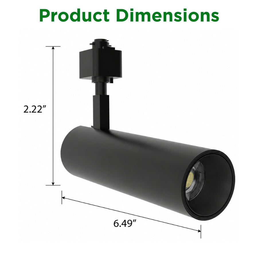 Dimension diagram showing the compact size of the black 10W LED track light for commercial track lighting installations.